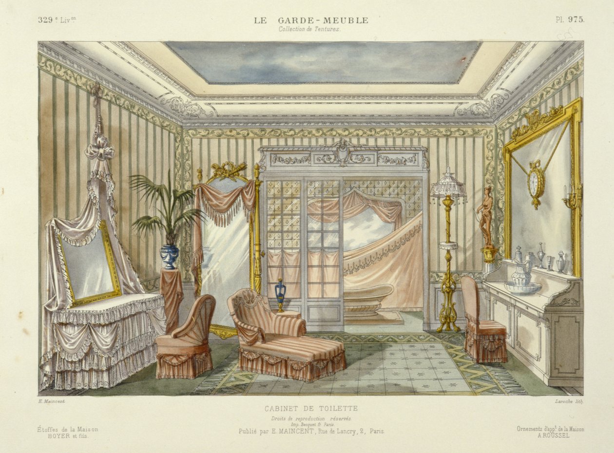 Progetto per una suite da bagno da Le Garde-Meuble, Pub. Parigi, 1890 circa (litografia a colori) da French School