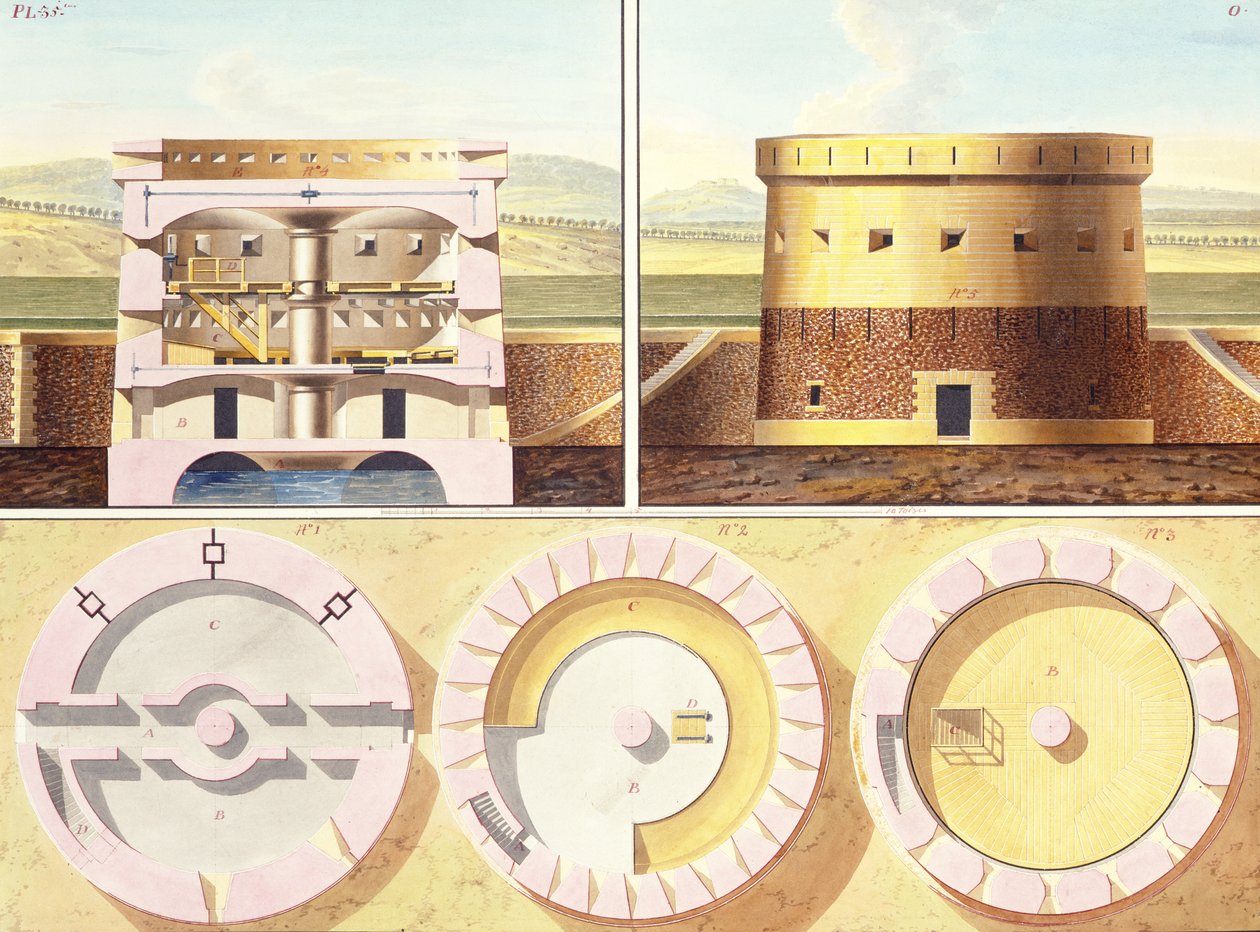 Progetto per una fortificazione alla periferia di Parigi - una vista prospettica, sezione e tre piani della torre centrale, c.1813 da French School