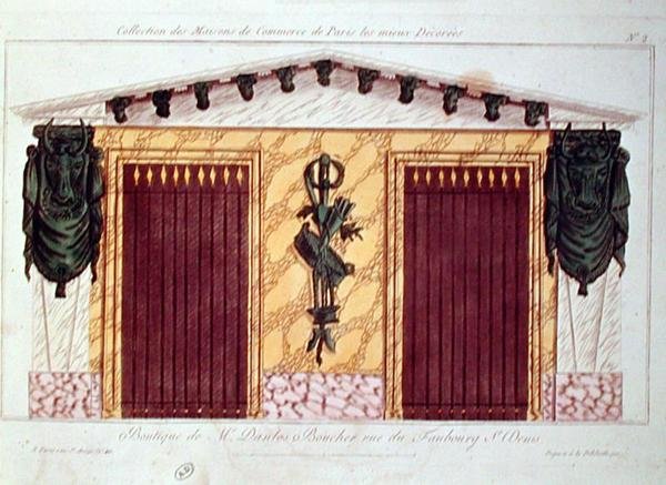 Progetto per la facciata di una macelleria, da una serie che raffigura i migliori edifici commerciali decorati di Parigi, c.1810 da French School