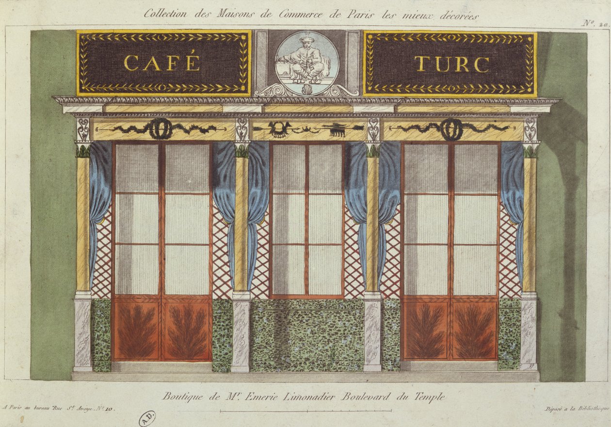 Progetto per la facciata del Cafe Turc, da una serie che raffigura i migliori edifici commerciali decorati di Parigi, c.1810 da French School