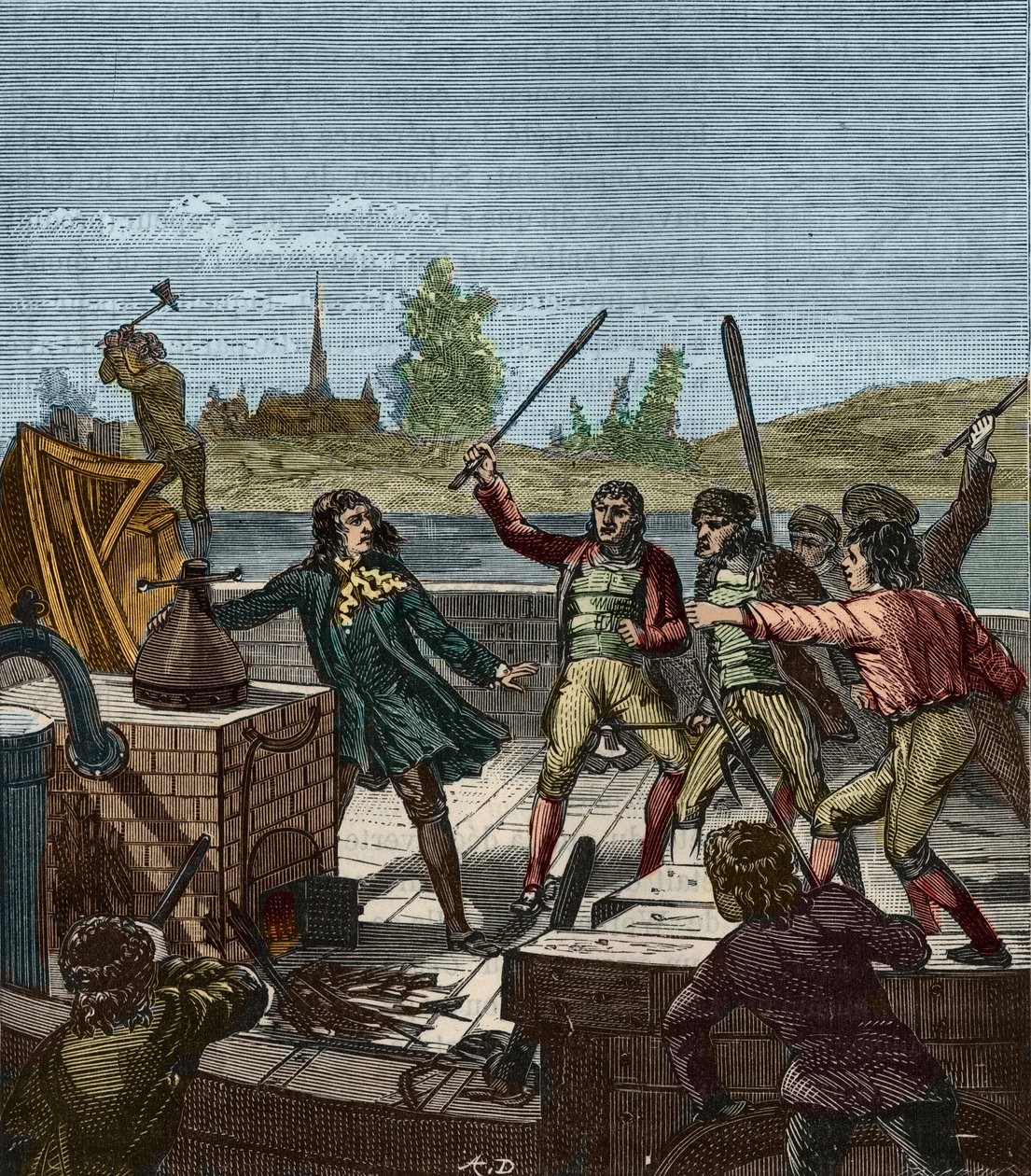 Distruzione della nave a vapore di Papin - Denis Papin (1647-1712) osserva la sua nave a pale distrutta dai barcaioli di Muenden nel 1707 - I barcaioli di Munden distruggono la nave a vapore di Denis Papin (1647-1712) - Incisione in "Scienze alla portata d da French School
