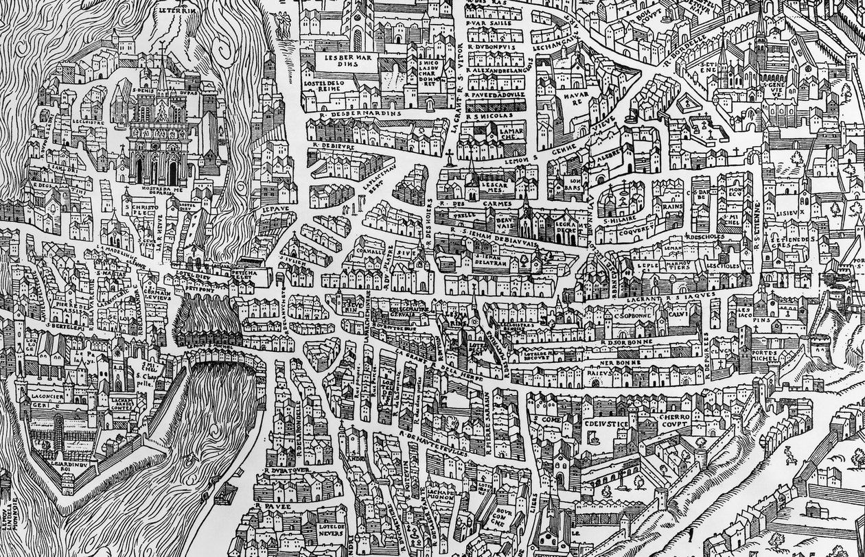 Dettaglio di una mappa di Parigi nel regno di Enrico II che mostra il quartiere des Ecoles, 1552 da French School