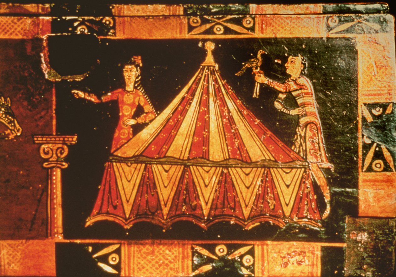 (dettaglio) da un cassone nuziale che raffigura due figure vicino a una tenda da French School