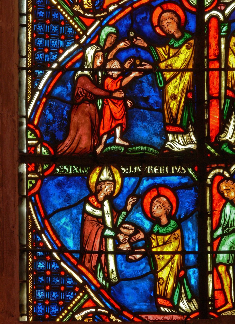 Dettaglio di una finestra raffigurante scene della vita di San Lorenzo da French School