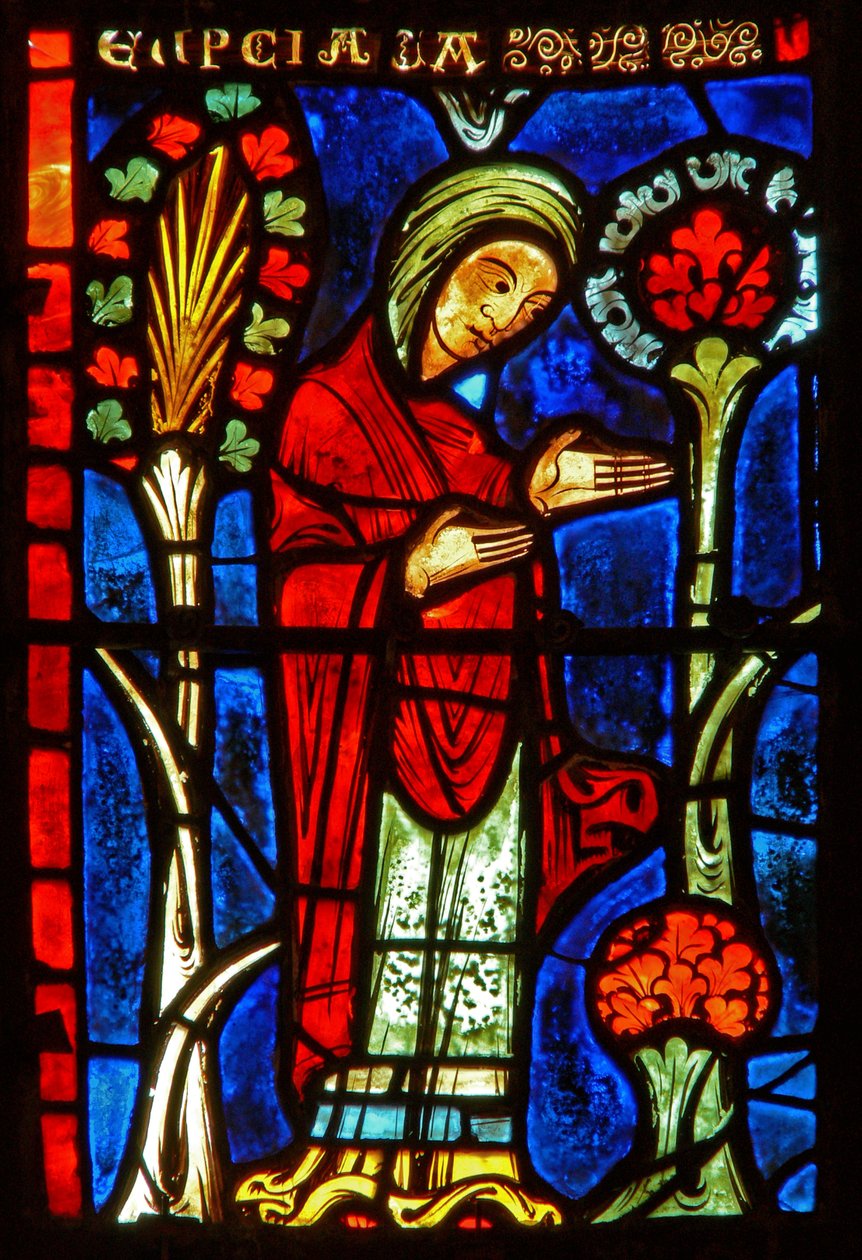 Dettaglio di una finestra raffigurante scene della vita di Santa Maria Egiziaca da French School