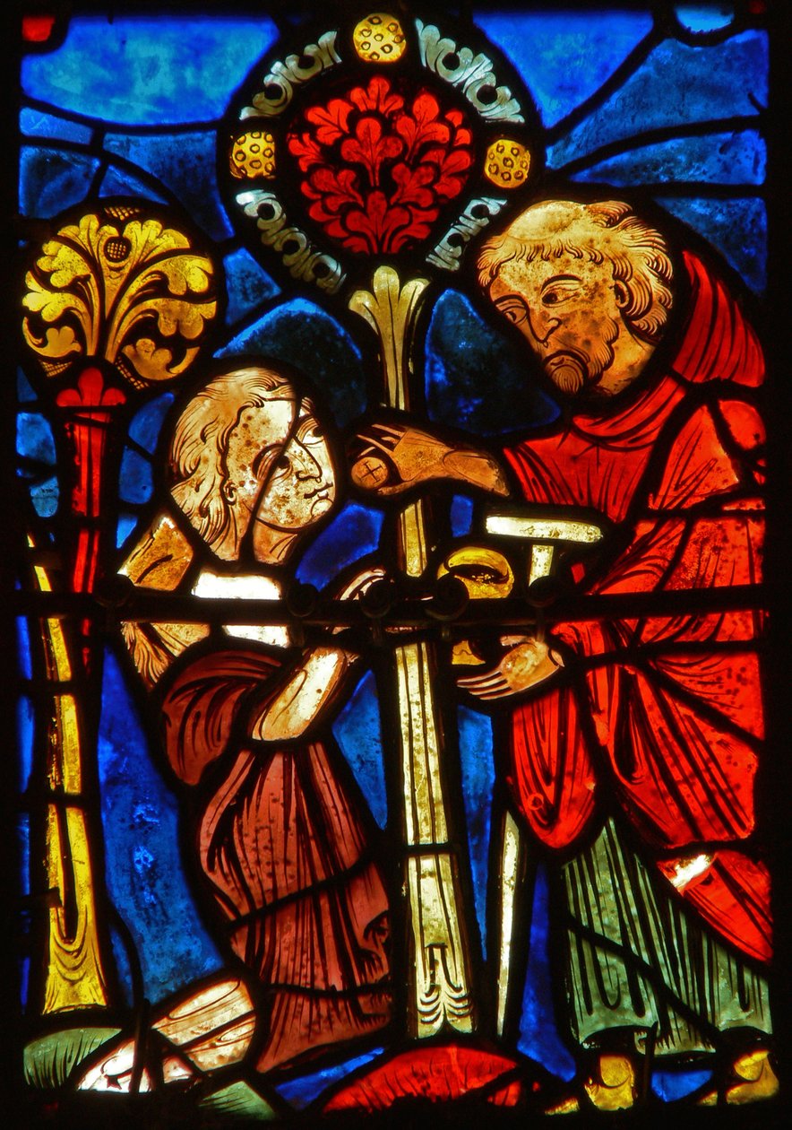 Dettaglio di una finestra raffigurante scene della vita di Santa Maria Egiziaca da French School