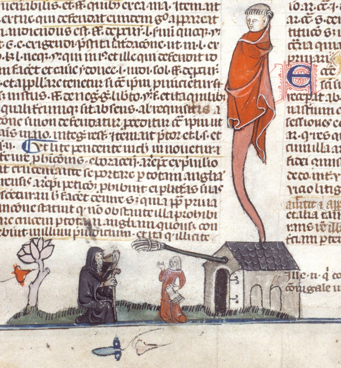 Dettaglio di una scena di bas-de-page di un eremita seduto fuori da una taverna che beve birra da French School