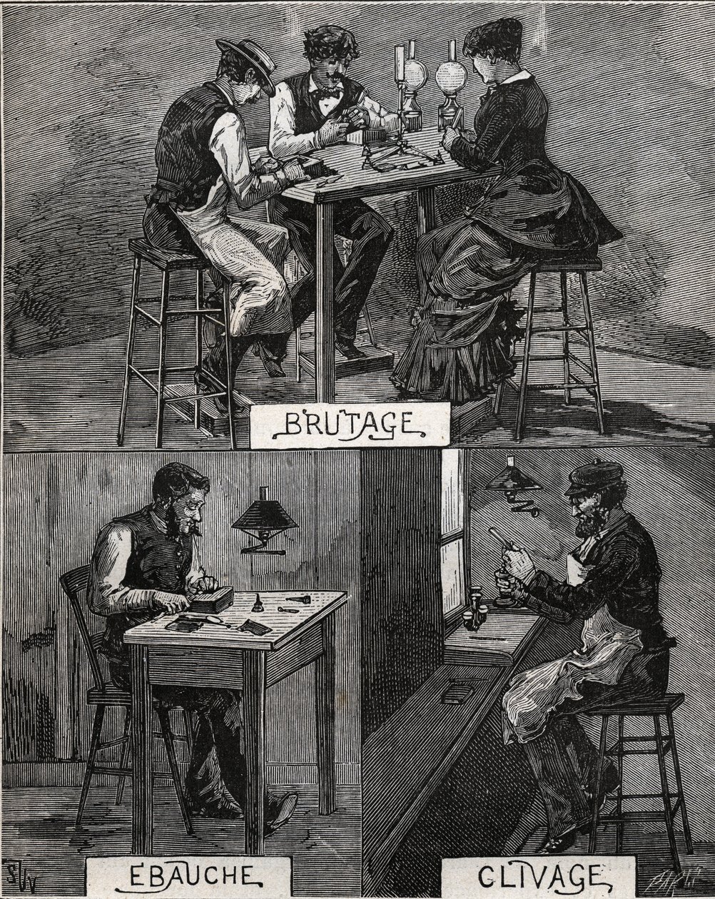 Taglio dei diamanti, suono, grezzo e spacco. Incisione del 1885 in “Les arts et metiers illustres” di Adolphe Bitard. da French School