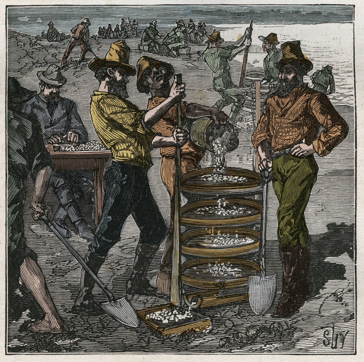 Lavaggio dei diamanti in Sudafrica nel XIX secolo. Incisione del 1885 in “Les arts et metiers illustres” di Adolphe Bitard. da French School