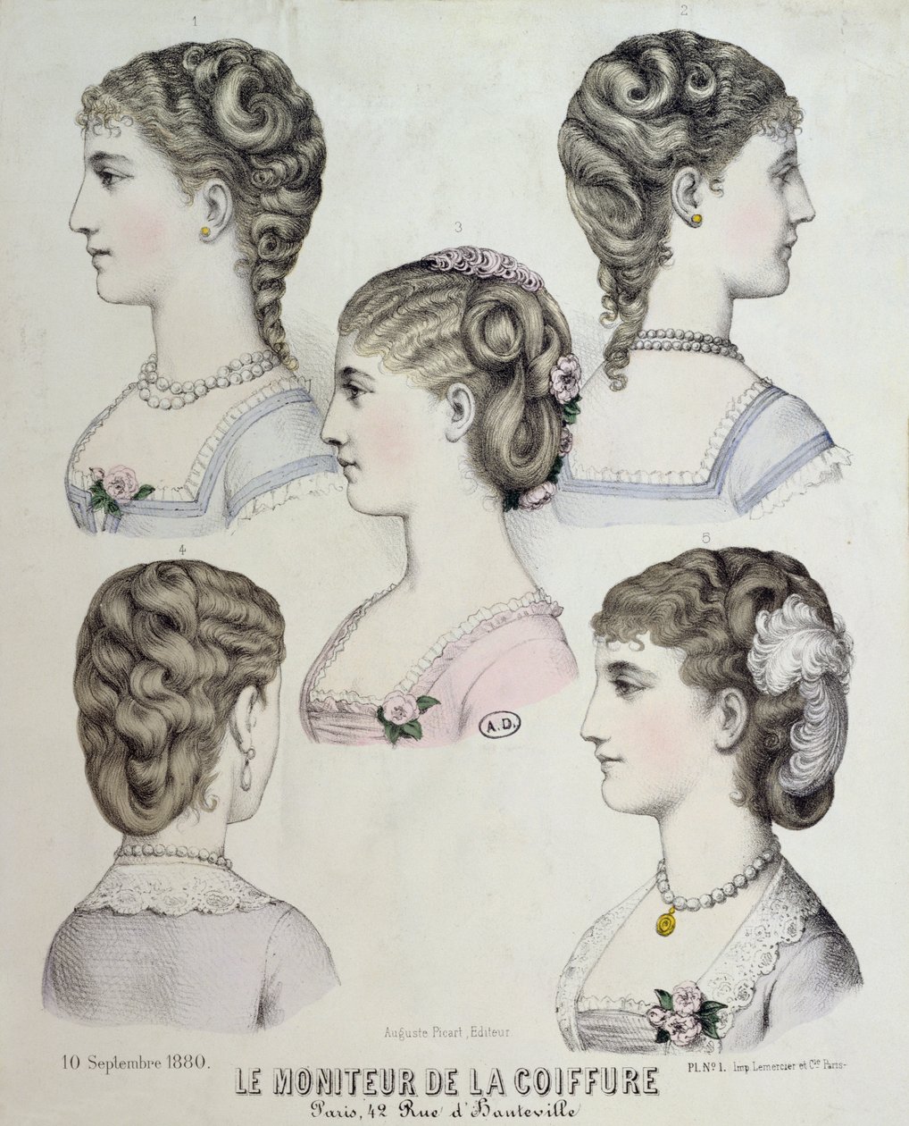 Diverse acconciature, tavola da Le Moniteur de la Coiffure, 1880 da French School
