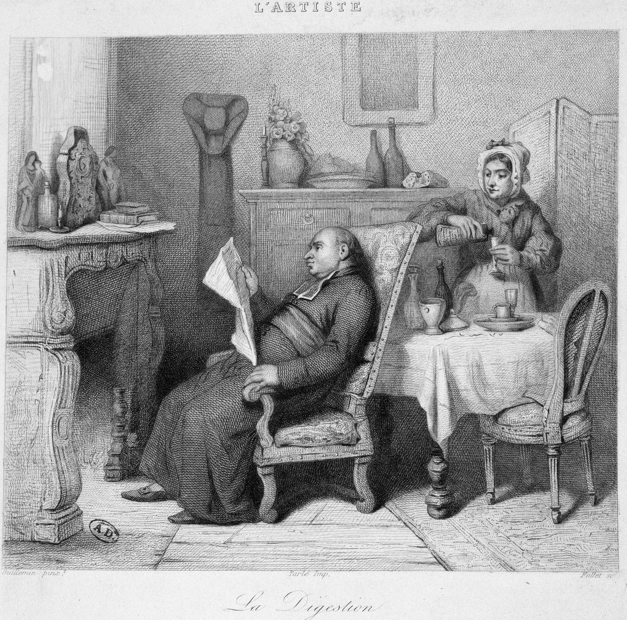 Digestione: prete che legge il suo diario davanti al camino mentre la domestica gli serve un digestivo - incisione da French School