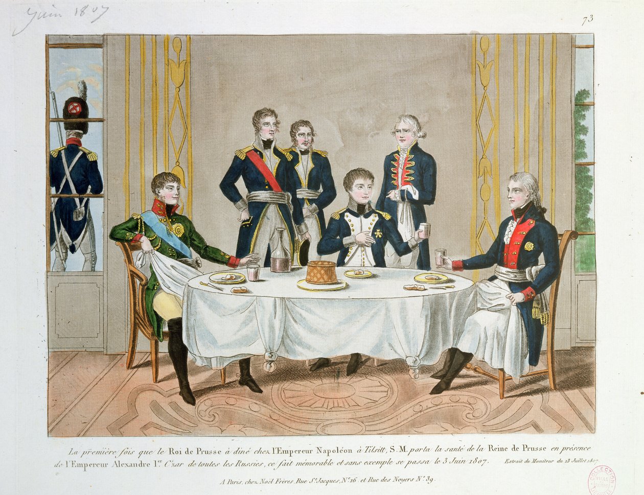Cena a Tilsit tra Federico Guglielmo III di Prussia, lo Zar Alessandro I di Russia e Napoleone, che brinda alla Regina di Prussia, 3 giugno 1807 da French School