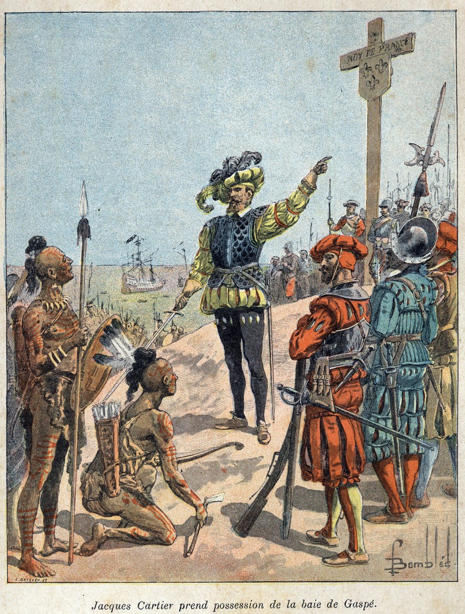 Scoperta del Canada: Jacques Cartier, navigatore ed esploratore francese prende possesso della Baia di Gaspé ed erige la croce il 24 luglio da French School