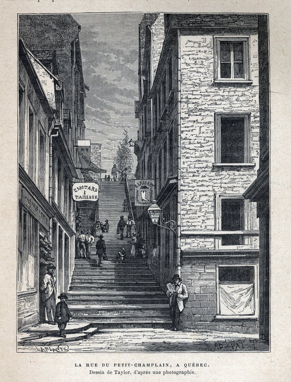Scopri il Canada: Rue du Petit Champlain a Quebec. Disegno di Taylor da una fotografia. Incisione della fine del XIX secolo in "La nouvelle France" di Eugene Guenin da French School