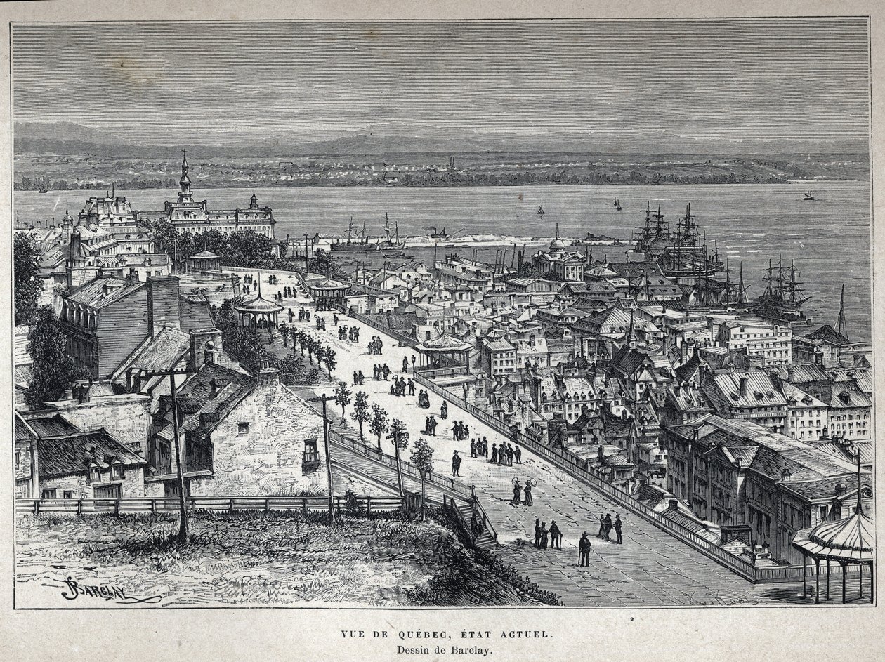 Scopri il Canada: vista della città di Quebec alla fine del XIX secolo. Disegno di Barclay. Incisione della fine del XIX secolo in "La nouvelle France" di Eugene Guenin da French School