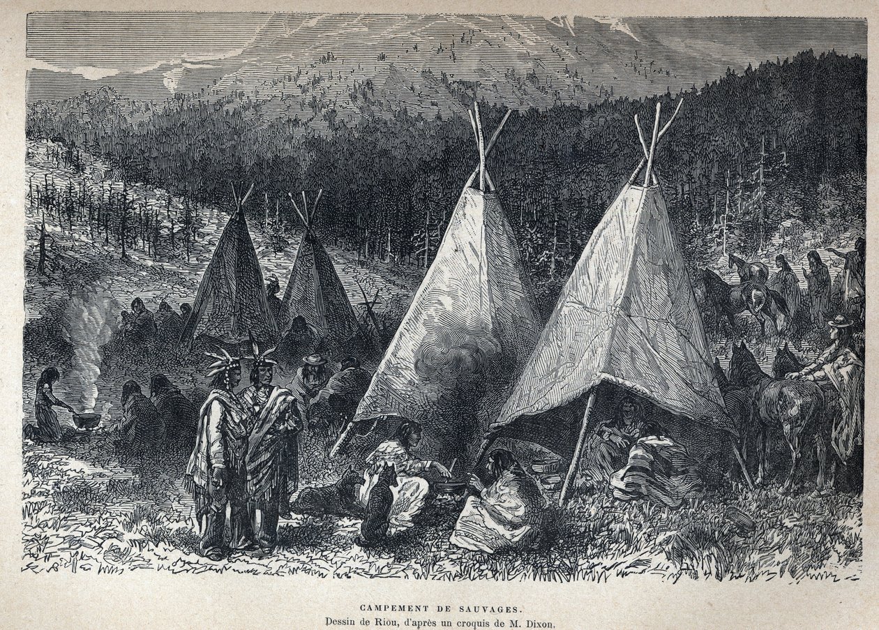 Scoperta del Canada: Campo indiano americano con teepee. Disegno di Riou da uno schizzo di Dixon. Incisione della fine del XIX secolo in "La nouvelle France" di Eugene Guenin da French School