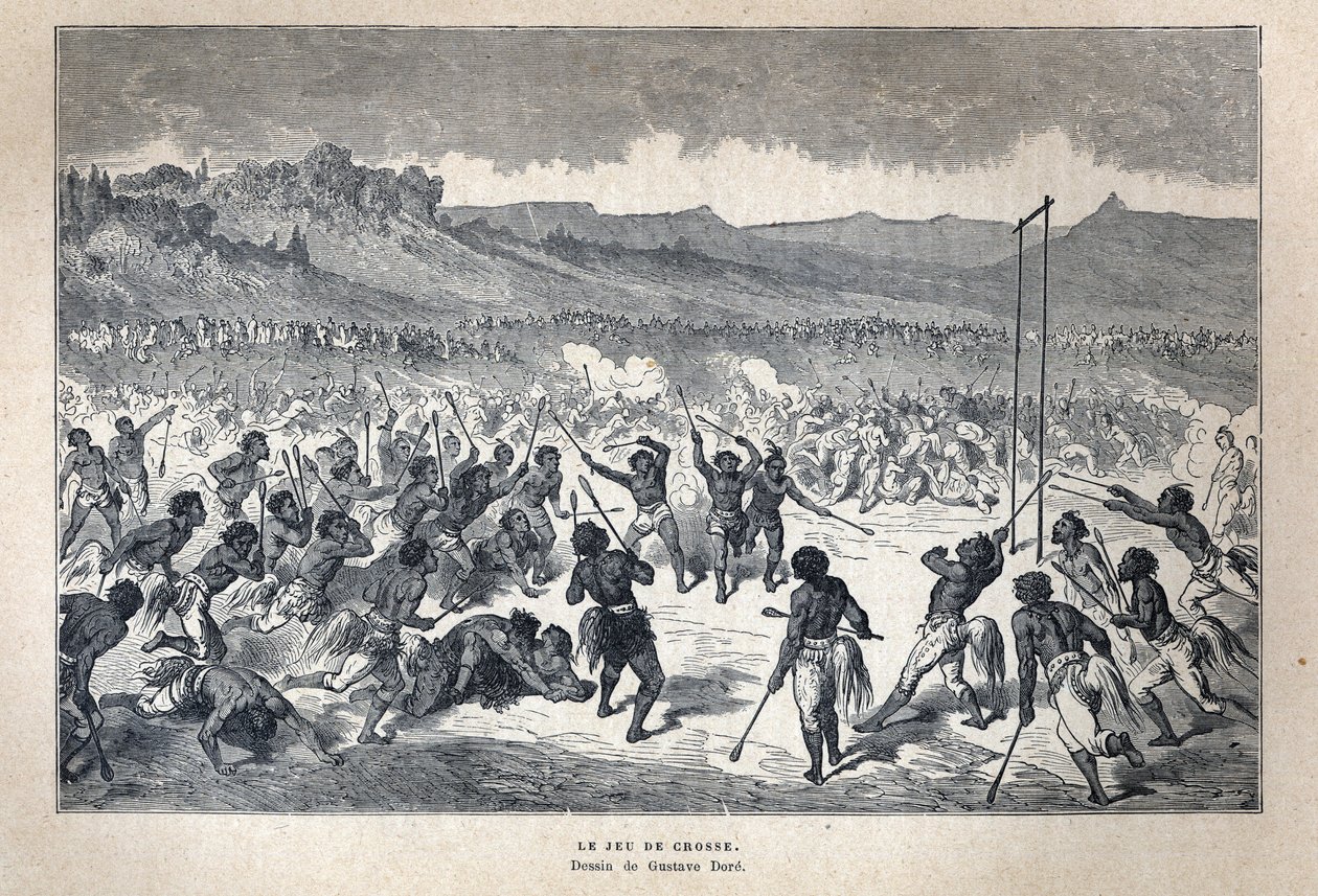 Scoperta del Canada: Sport. Il gioco di lacrosse degli indiani americani. Disegno di Gustave Doré. Incisione della fine del XIX secolo in 