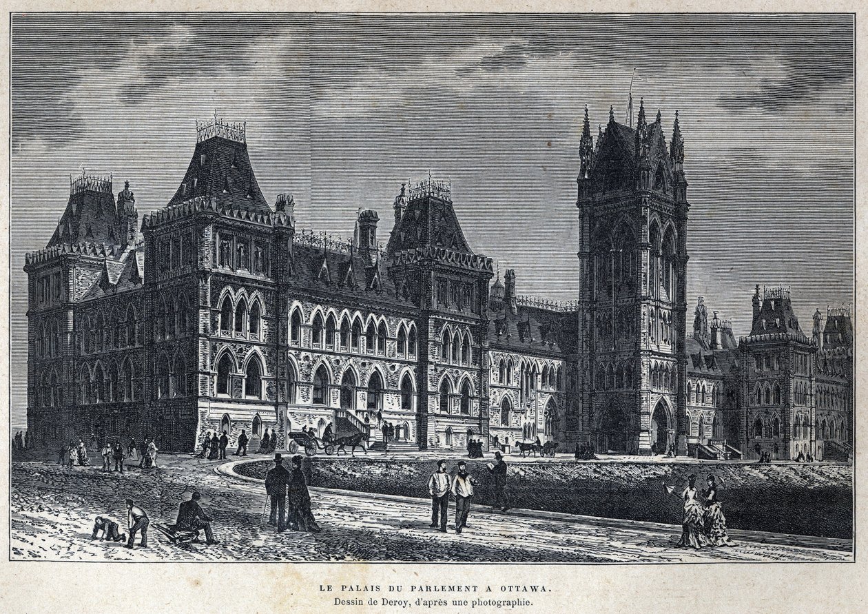Scoperta del Canada: il Palazzo del Parlamento a Ottawa. Disegno di Deroy da una fotografia. Incisione della fine del XIX secolo in 