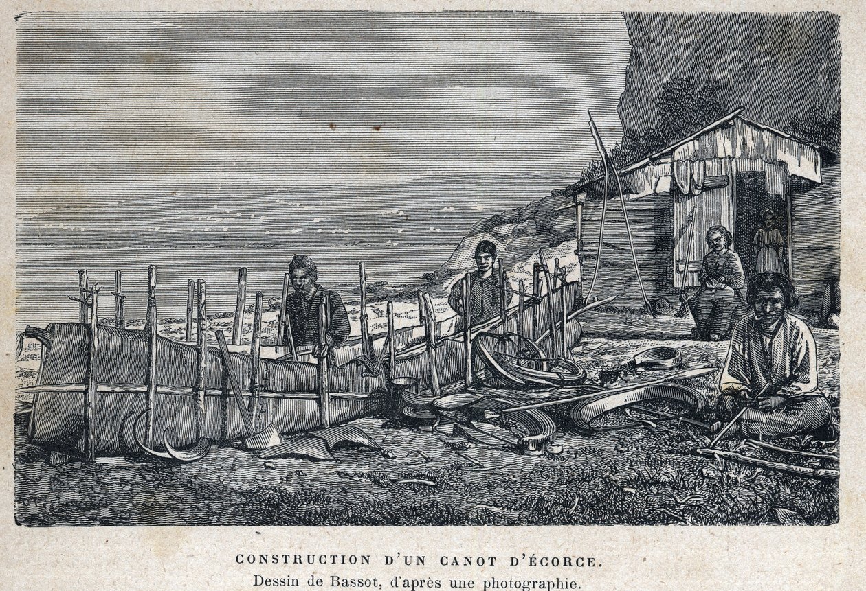 Scoperta del Canada: costruzione di una canoa di corteccia. Disegno di Bassot da fotografia. da French School