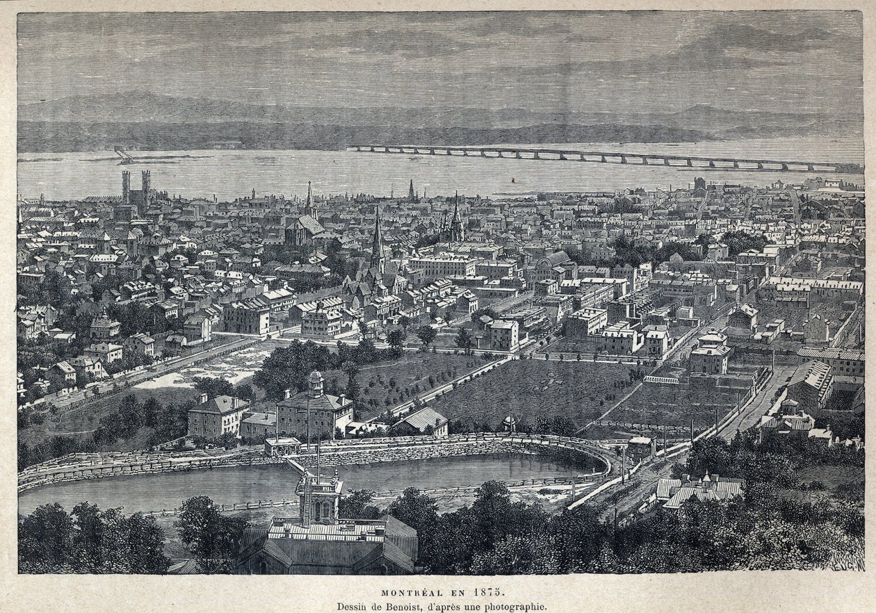 Scoperta del Canada: vista della città di Montreal nel 1875. Disegno di Benoist dopo una fotografia. Incisione della fine del XIX secolo in "La nouvelle France" di Eugene Guenin. da French School