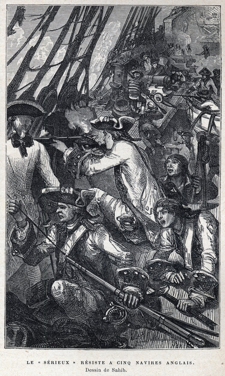 Scoperta del Canada: Jacques Pierre de Taffanel de la Jonquière (1685-1752) ufficiale navale francese al comando della nave francese "Le sérieux" resistette a cinque navi inglesi. Disegno di Sahib. Incisione della fine del XIX secolo in "La nouvelle France da French School