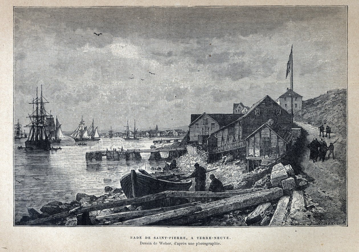 Scoperta del Canada: Porto di Saint Pierre a Terranova. Disegno di Weber da una fotografia. Incisione della fine del XIX secolo in "La nouvelle France" di Eugene Guenin da French School