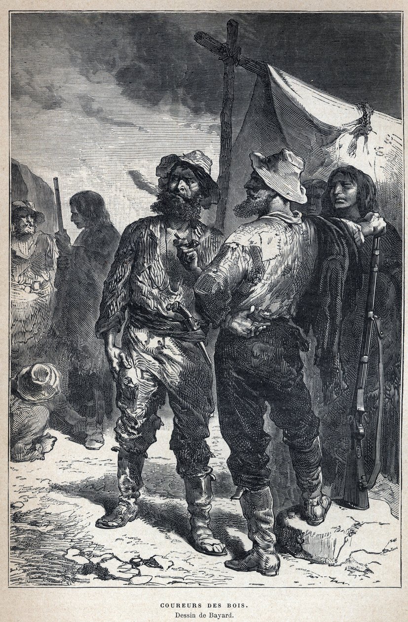 Scoperta del Canada: coureur des bois (coinvolto nel commercio di pellicce con gli amerindi). Disegno di Bayard. Incisione della fine del XIX secolo in 