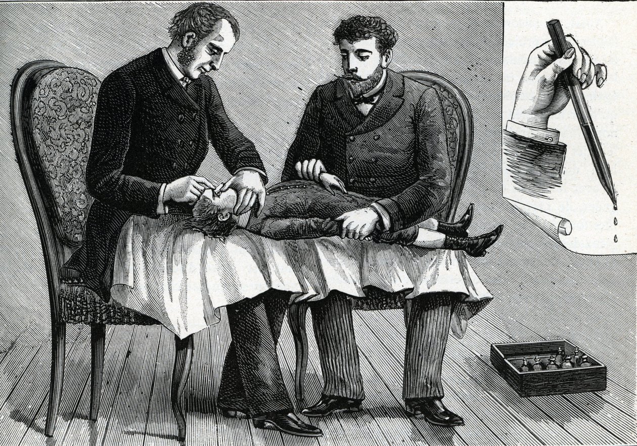 Medici che esaminano gli occhi di un bambino e somministrano colliri (incisione) 1888 da French School