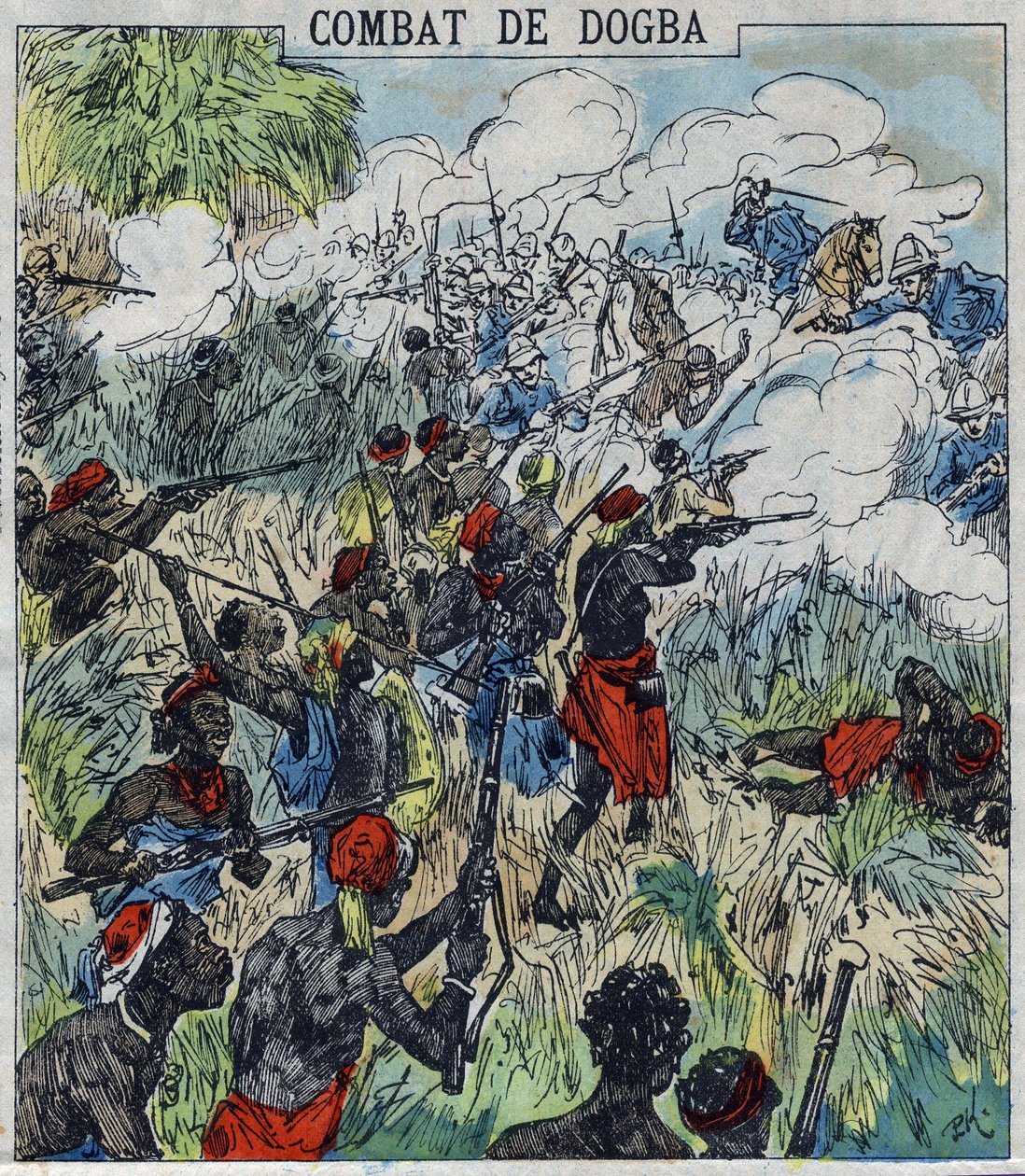 Battaglia di Dogba tra la forza di spedizione del Generale Dodds e le truppe di Behanzin. Dahomey da French School
