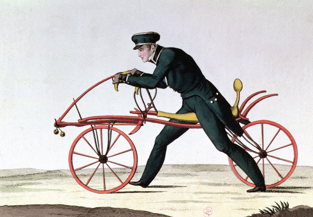 Draisienne, antenato della bicicletta, inventata nel 1816 dal Barone Karl von Drais, 1820 da French School