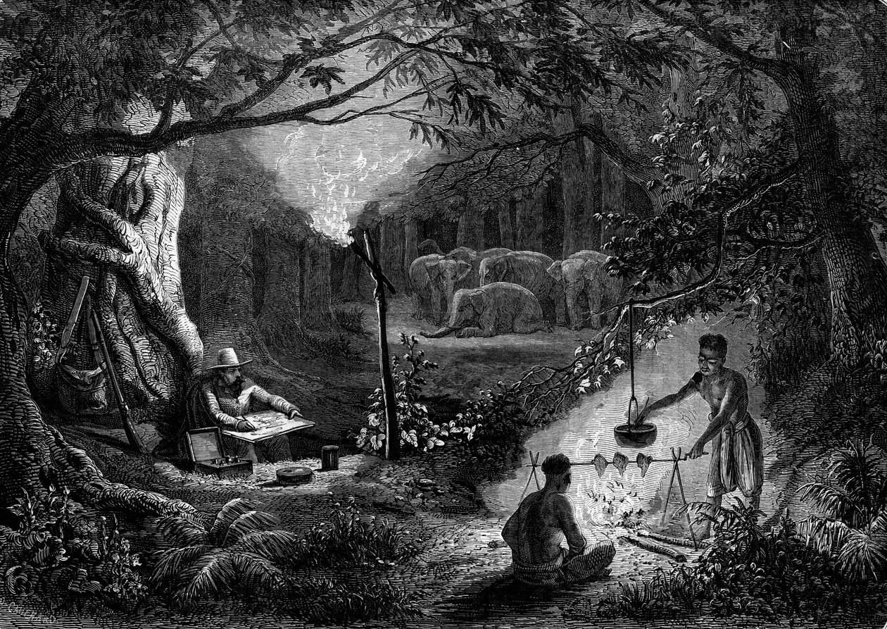 Disegno: un viaggiatore disegna una scena di costumi alla luce di una torcia. Incisione in 