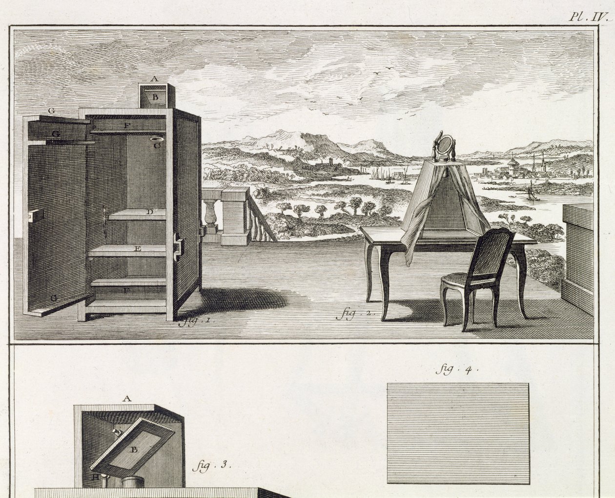 Strumenti di disegno: una camera oscura di legno di base e una portatile, tavola IV dall