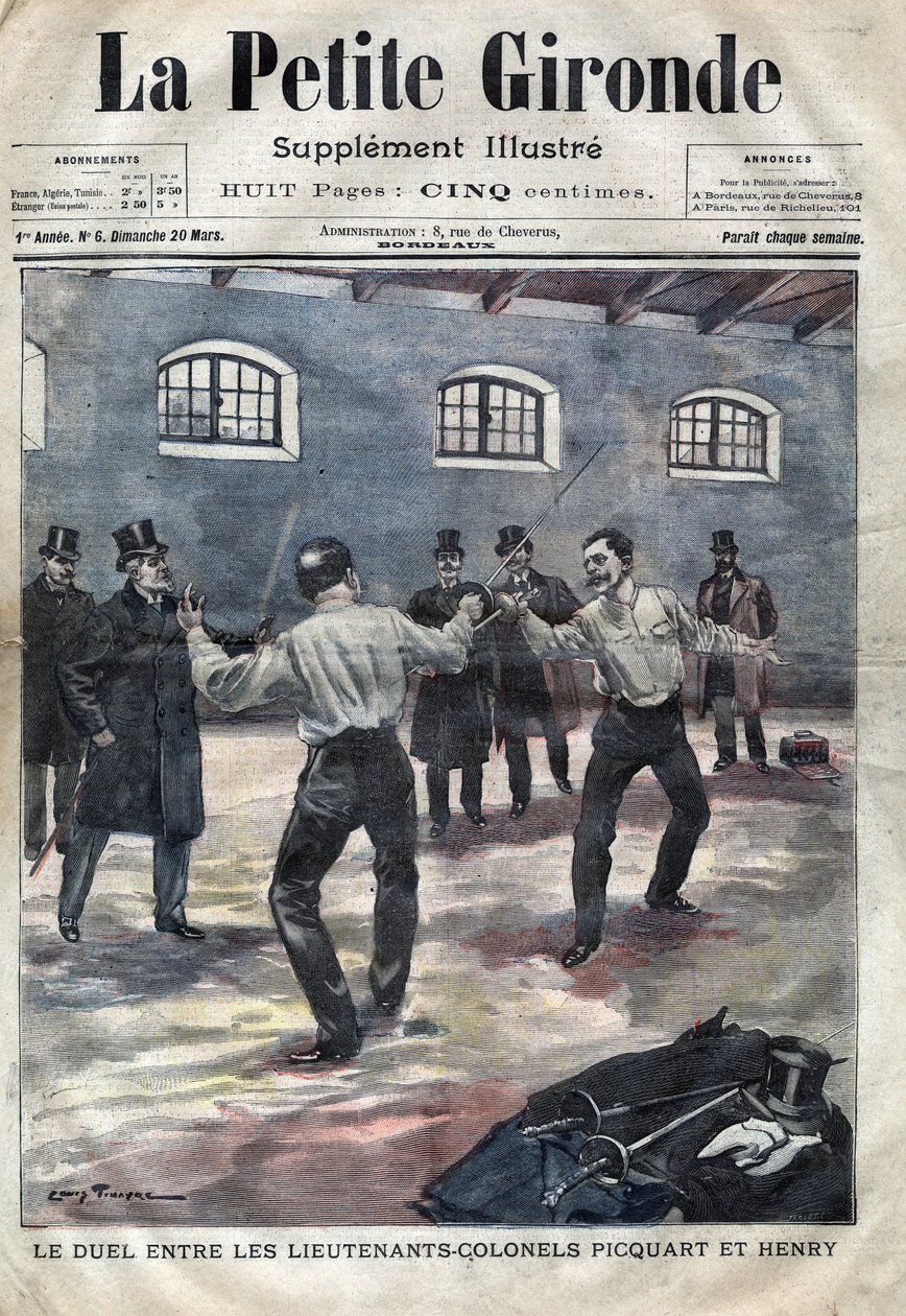 Affare Dreyfus: il duello tra i tenenti colonnelli Georges Picquart (1854-1914) e Hubert Henry (1846-1898) alla scuola militare di Parigi. Copertina di 