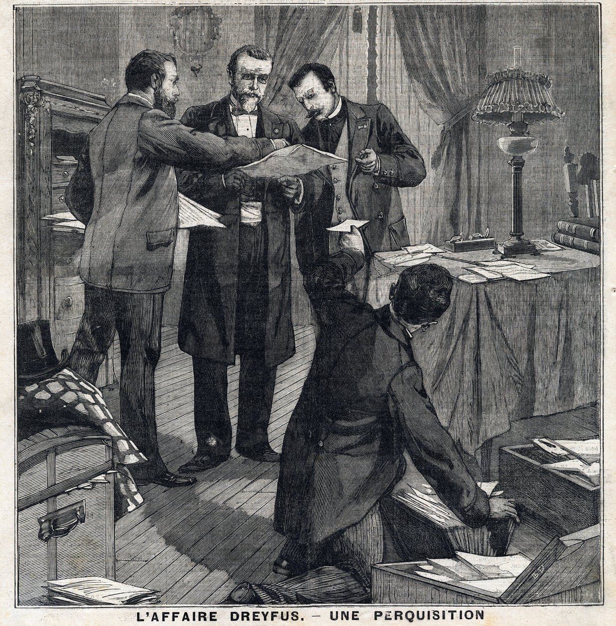 Caso Dreyfus: Tre ufficiali in borghese e un commissario di polizia conducono una perquisizione nella casa di Georges Picquart (1854-1914). In 