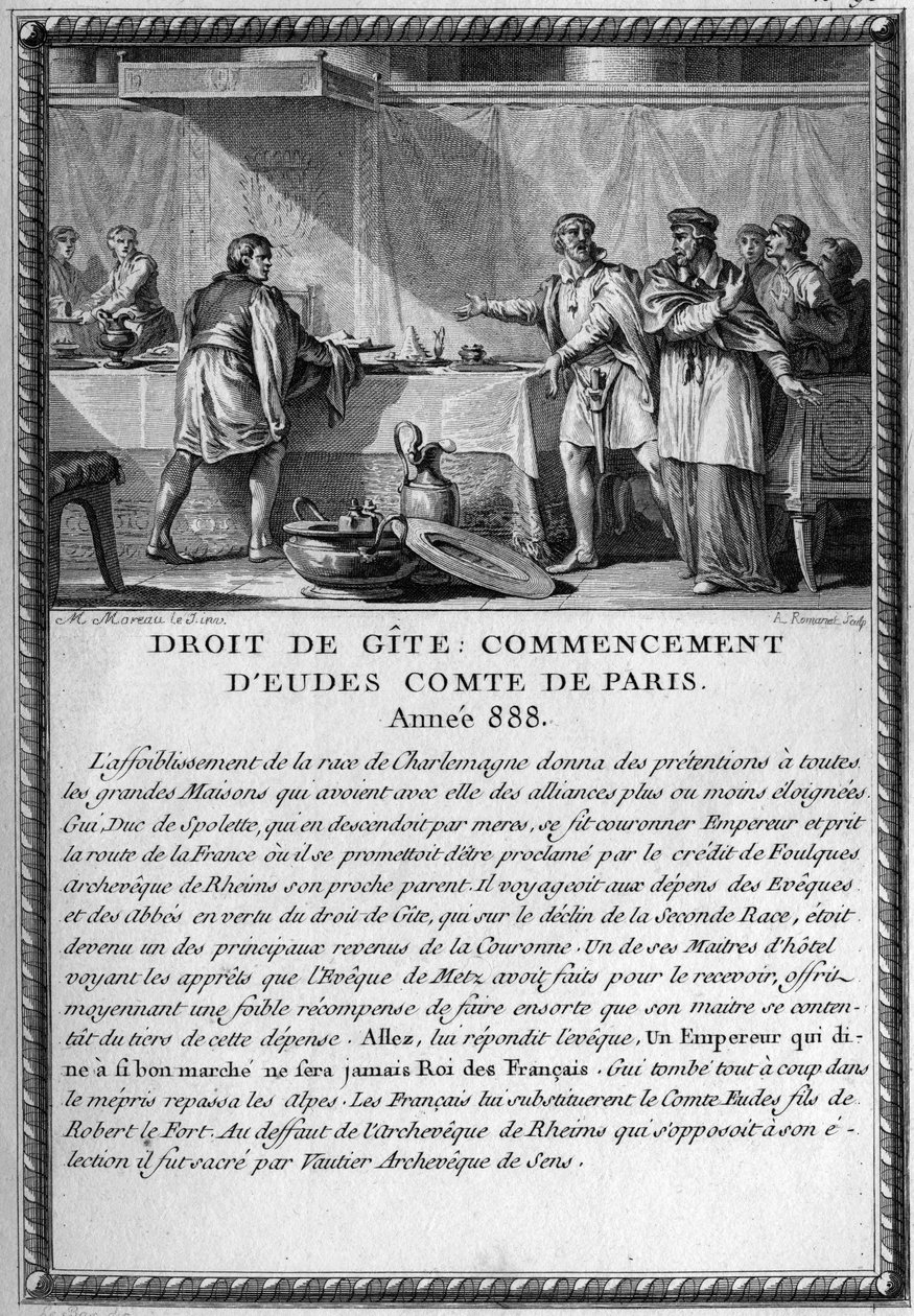 Droit de Gite, Inizio di Eudes, Conte di Parigi, anno 888. Re Guy (Gui) III, Duca di Spoleto (morto 894) fu ospitato dal Vescovo di Metz sotto il diritto di un cottage (diritto feudale che dava a un signore il diritto di essere ospitato dal suo popolo quan da French School