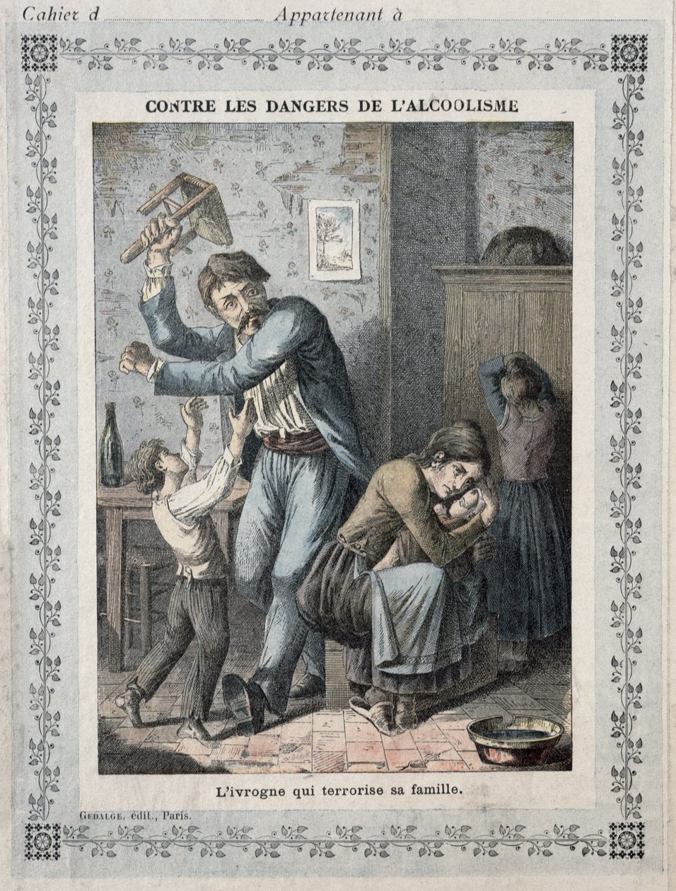 Ubriaco che terrorizza la sua famiglia, copertina di un quaderno scolastico, c.1900 da French School