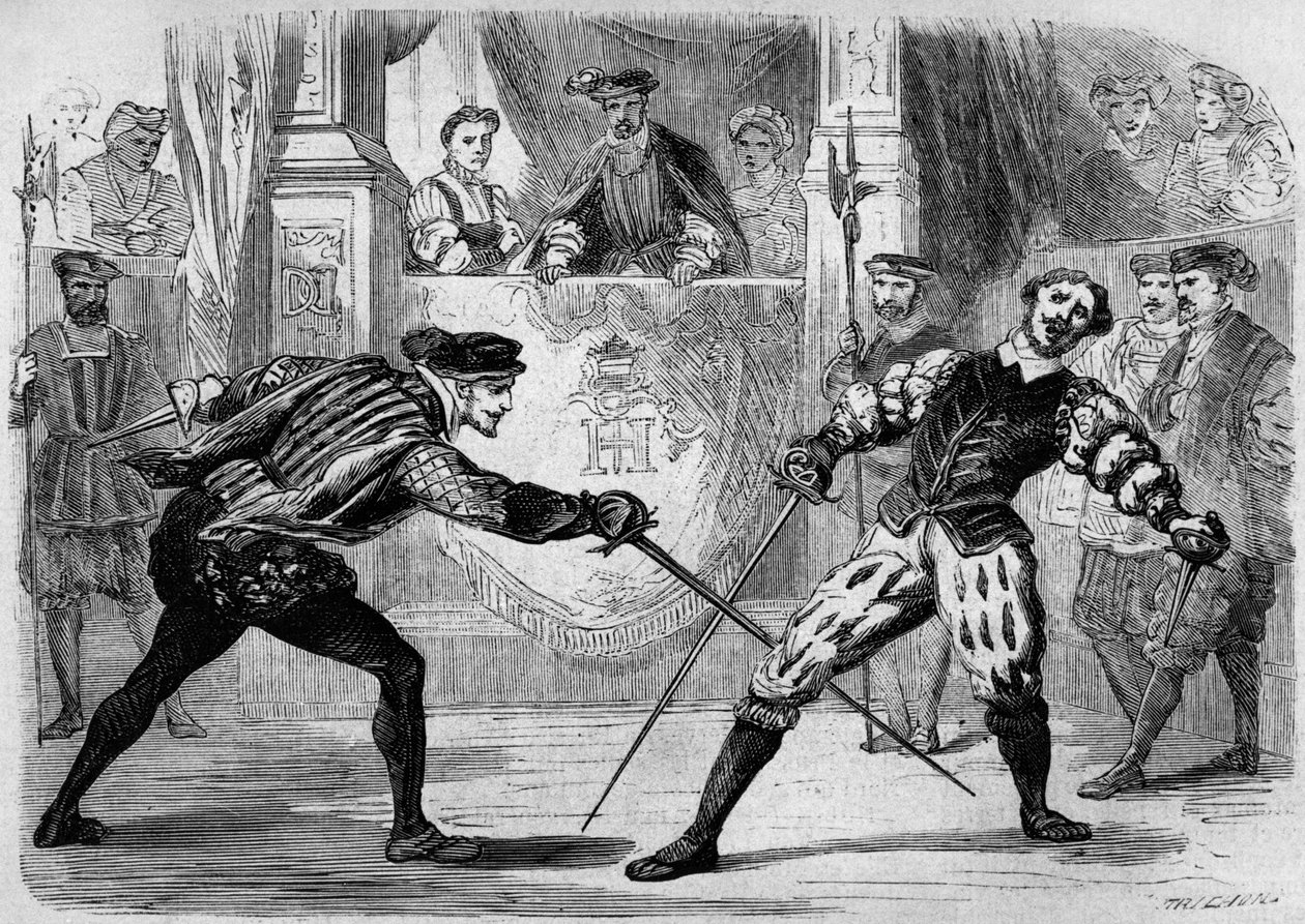 Duello tra Francois de Vivonne de la Chataigneraie e Guy de Chabot, barone di Jarnac, Saint Germain en Laye, Francia 10 luglio da French School