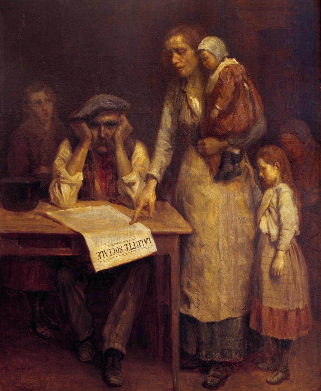 Durante lo sciopero Una famiglia di lavoratori, la madre legge al padre un articolo sul giornale La lutte sociale da French School