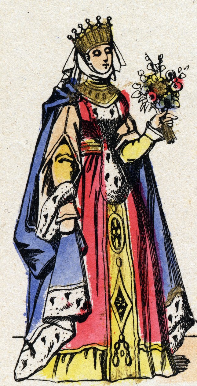 Dinastia dei Capetingi: Ritratto di Margherita di Provenza (1221-1295), Regina di Francia, moglie di Luigi IX di Francia (1214-1270). Immagine di Epinal fine XIX secolo. Collezione privata da French School