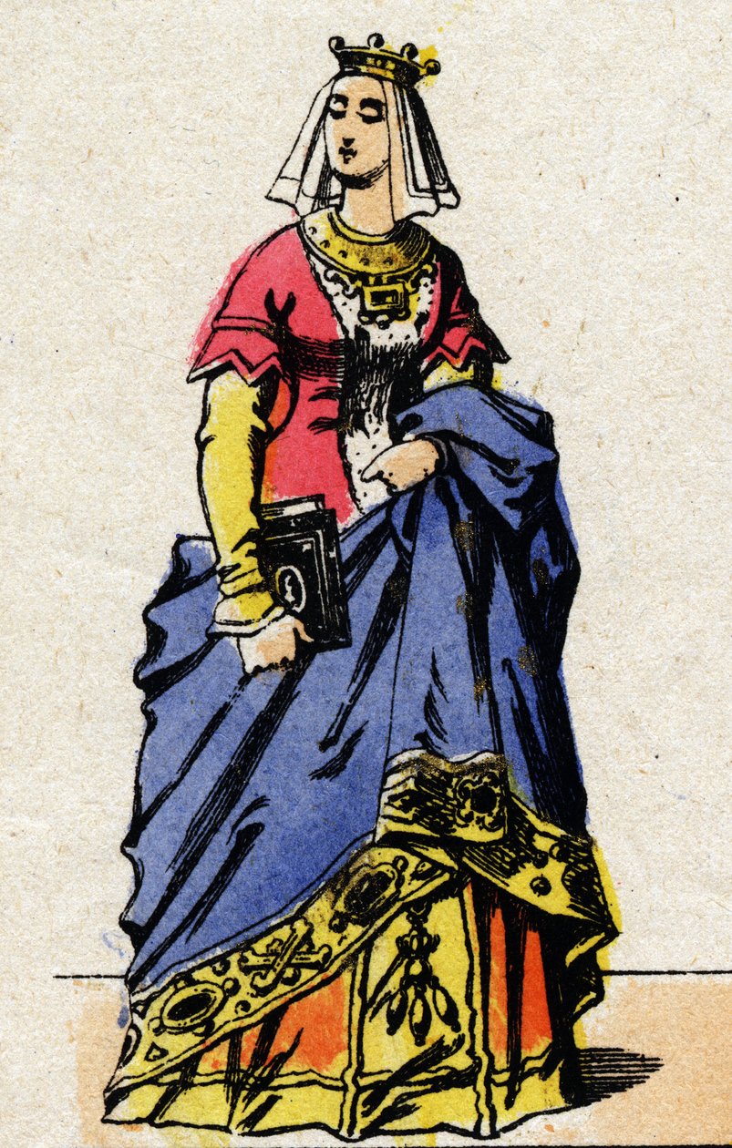 Dinastia dei Valois: Ritratto di Carlotta di Savoia (1441-1483) Regina di Francia, moglie di Luigi XI di Francia, detto il Prudente (1423-1483). Immagine di Epinal della fine del XIX secolo. Collezione privata. da French School
