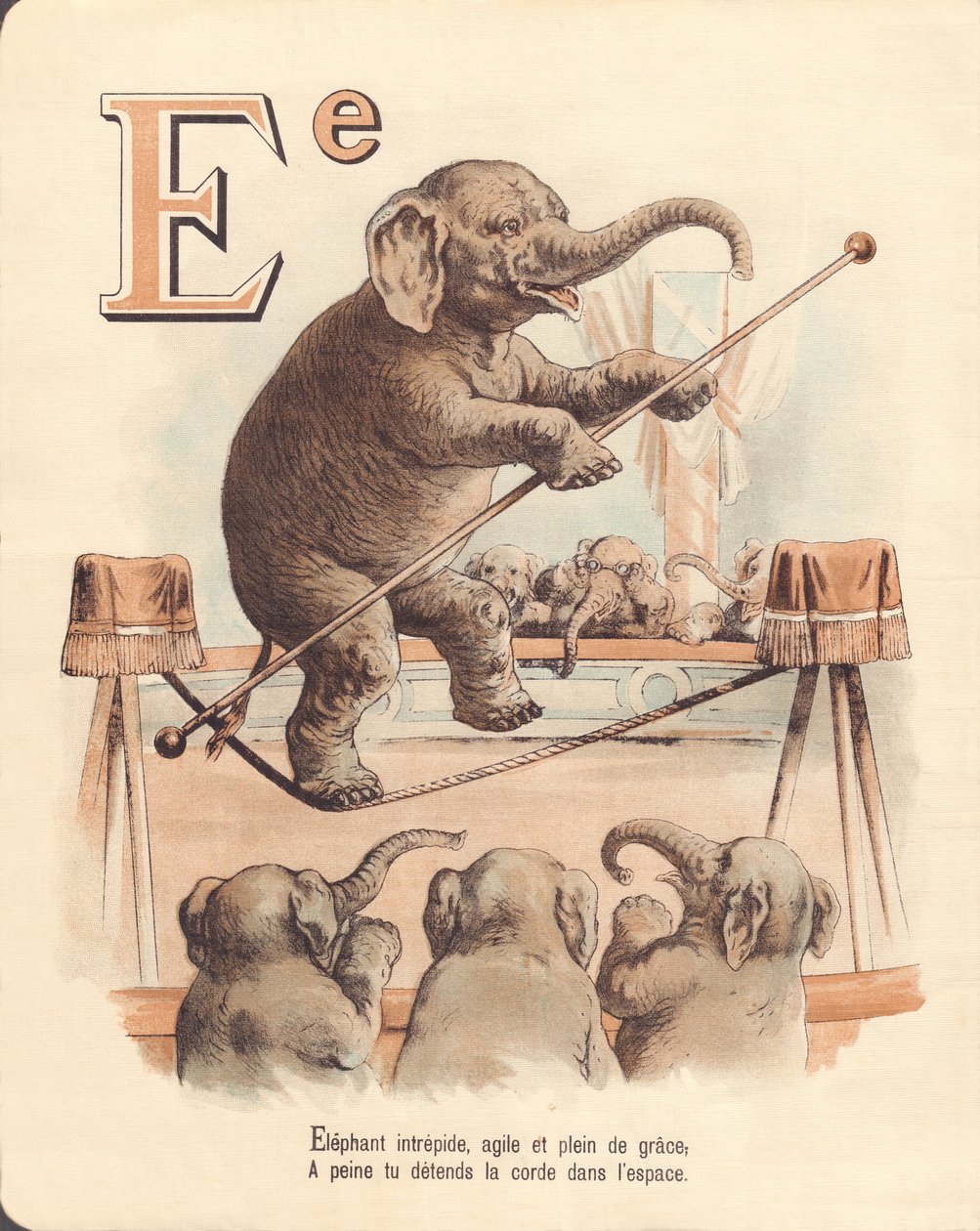 E: Elefante, equilibrista intrepido elefante, agile e pieno di grazia, rilassa appena la corda nello spazio da French School