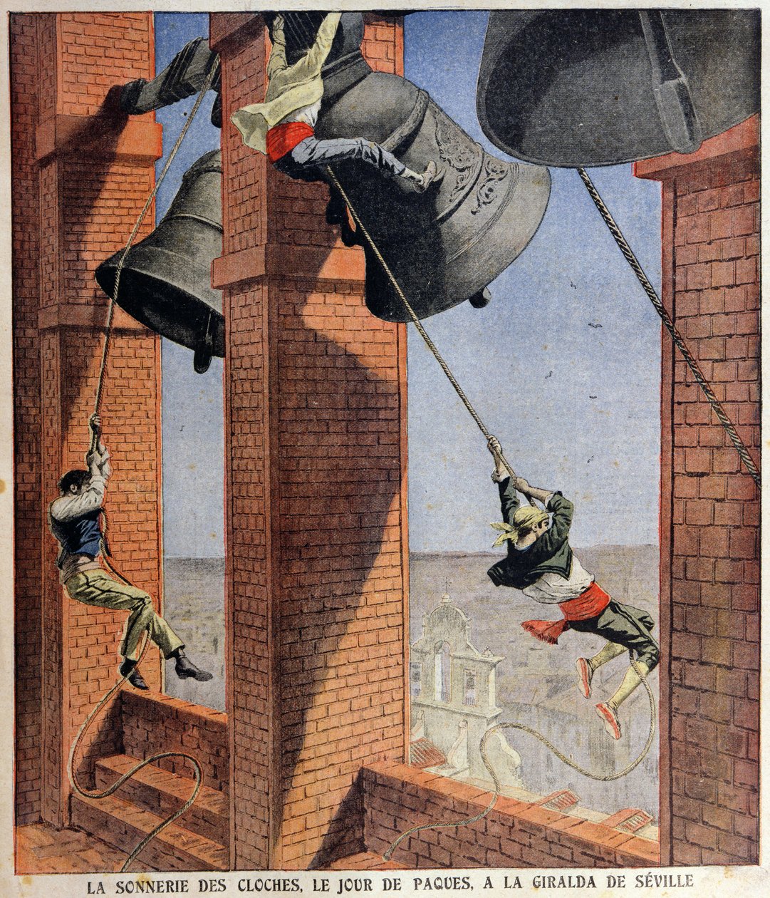 Campane di Pasqua che suonano alla Giralda di Siviglia, illustrazione di copertina per Le Petit Journal, 19 aprile 1908 da French School