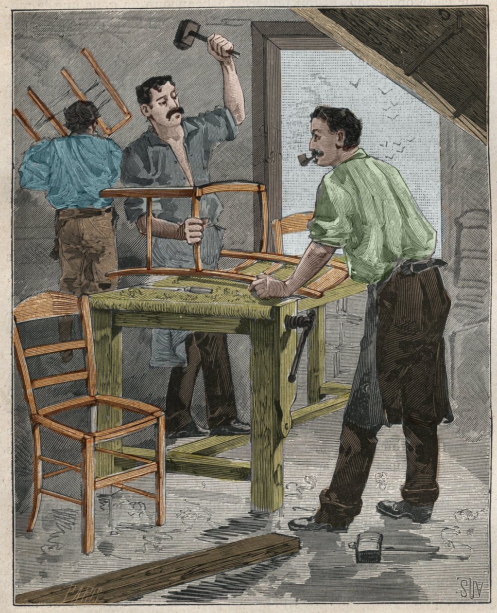 Ebanisteria: assemblaggio di sedie nel XIX secolo in Francia. Incisione del 1885 in "Les arts et metiers illustres" di Adolphe Bitard da French School