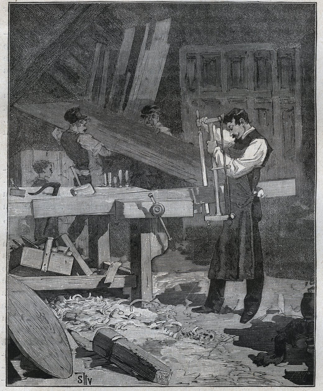 Ebanisteria: lavoratore ebanista che spacca una tavola. Incisione del 1885 in “Les arts et metiers illustres” di Adolphe Bitard. da French School