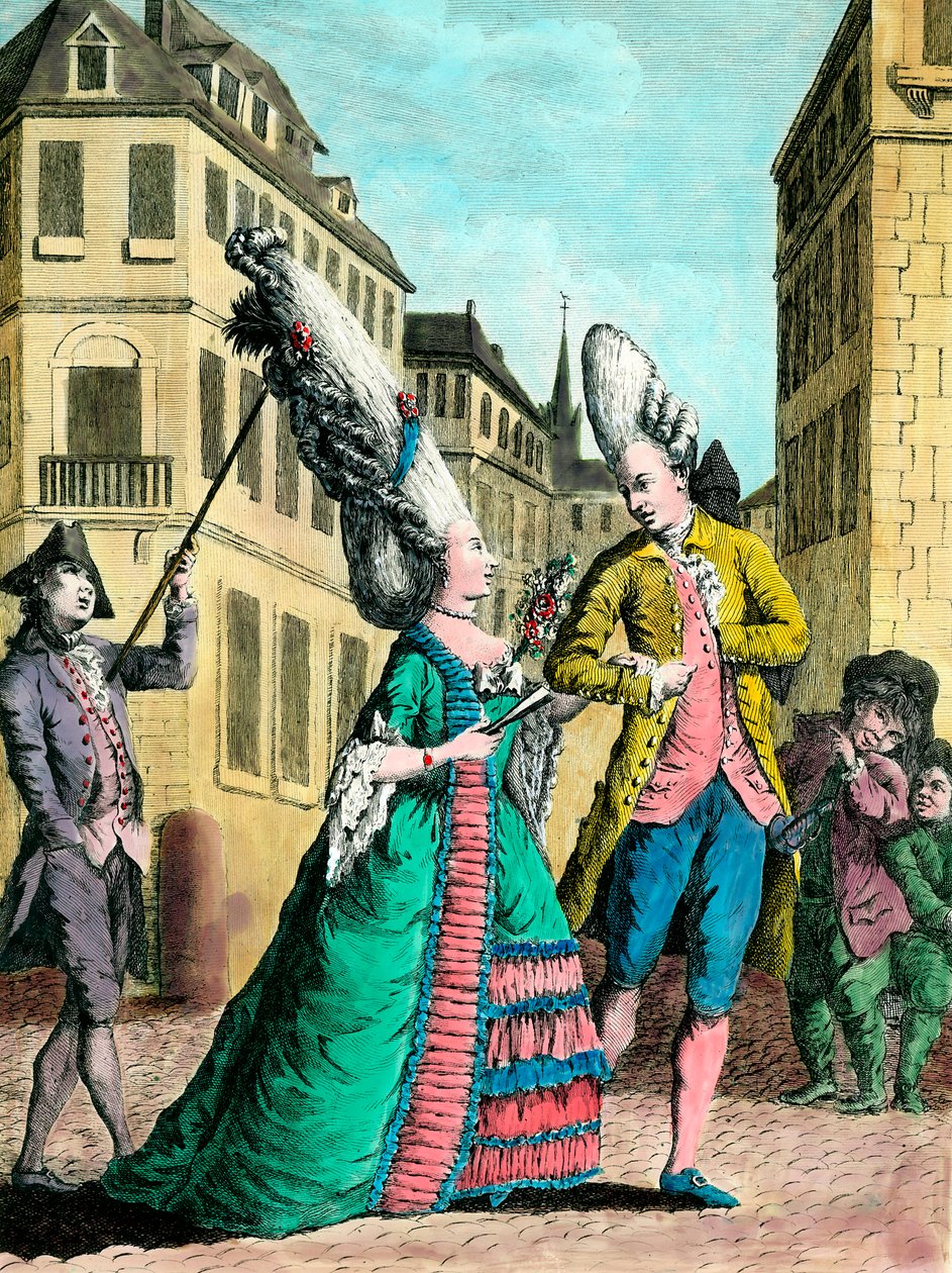 Acconciature eccentriche nel XVIII secolo: la donna francese in passeggiata. Incisione del XVIII secolo. Collezione privata. da French School
