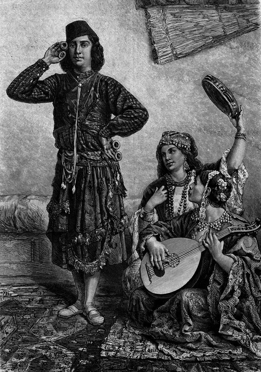 Musicisti e ballerini egiziani. Uomo tiene cembali tra le dita. Incisione in "Le Journal de la jeunesse" da French School