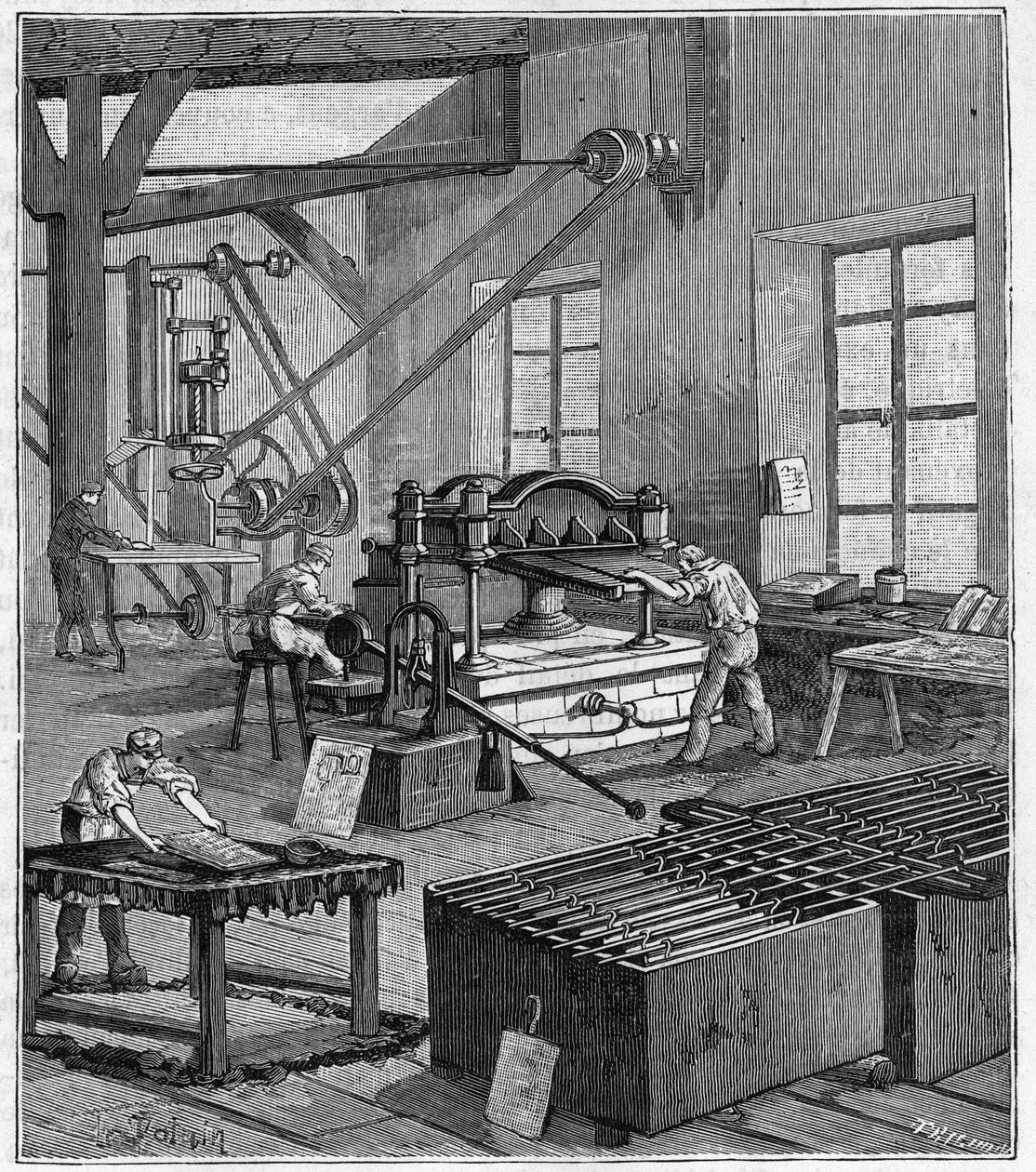 Galvanoplastica - Officina di galvanoplastica del Signor Rousset a Parigi nel XIX secolo - Incisione in "Scienze messe alla portata di tutti - fisica e chimica" di Alexis Clerc - Fine XIX secolo - Collezione privata da French School