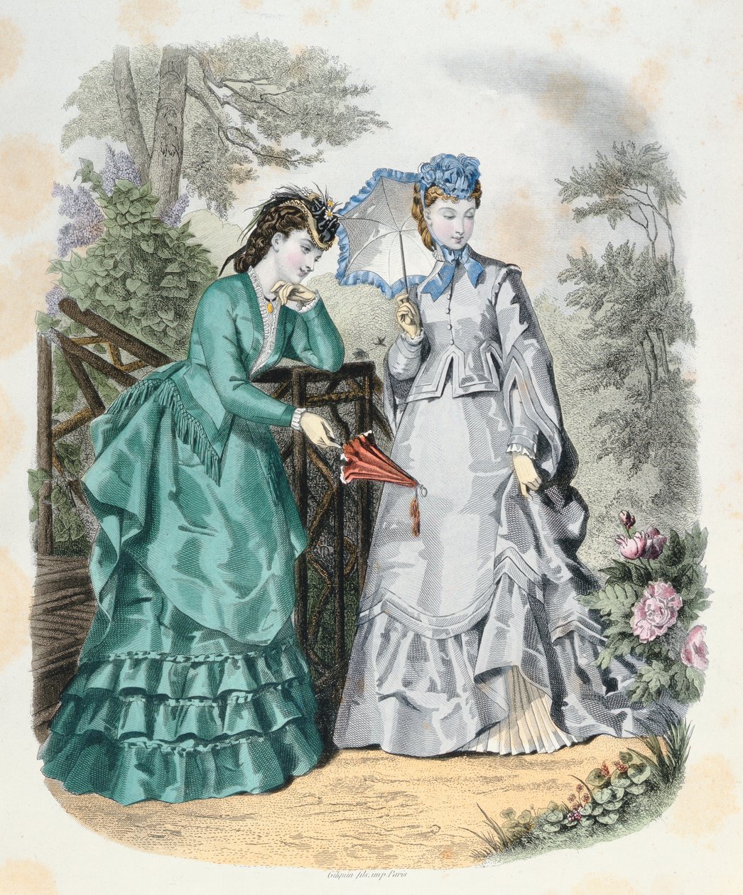 Donne eleganti in un giardino, da La Mode Illustrée, 1871 da French School