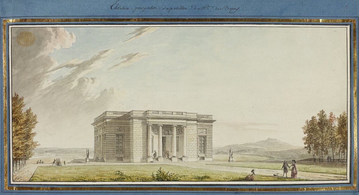Elevazione prospettica del padiglione di Mde. Du Barry (penna e inchiostro nero con acquerello su carta) da French School