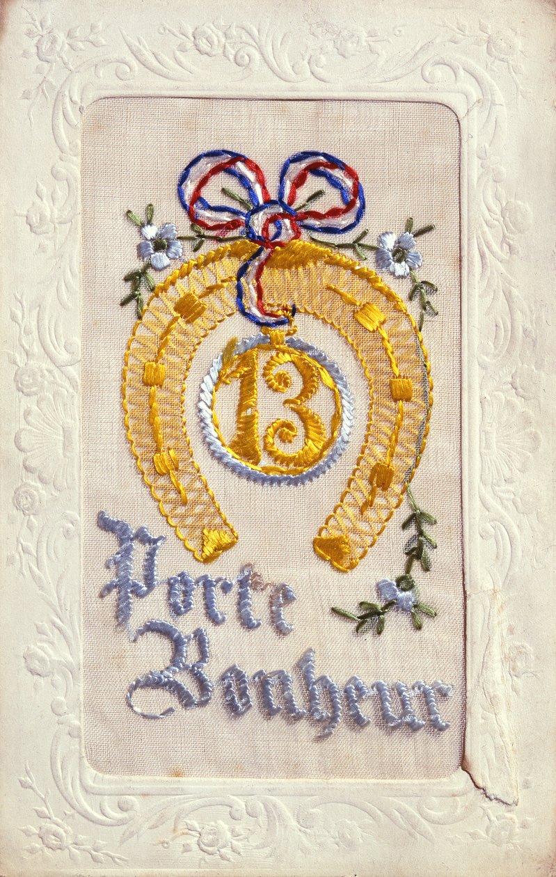 Cartolina ricamata raffigurante amuleti di buona fortuna, pre 1914 da French School